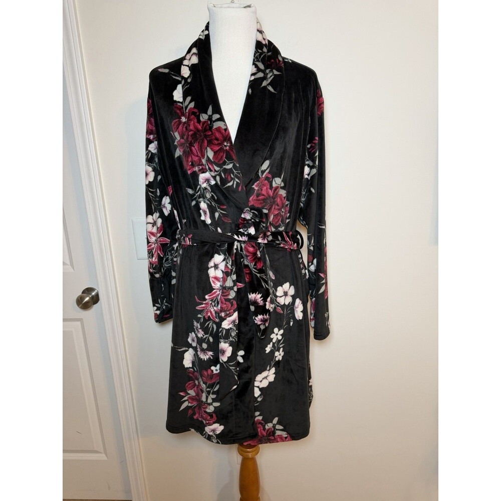 Nanette Lepore Floral Plush Bath Robe Women’s Large Black Pink